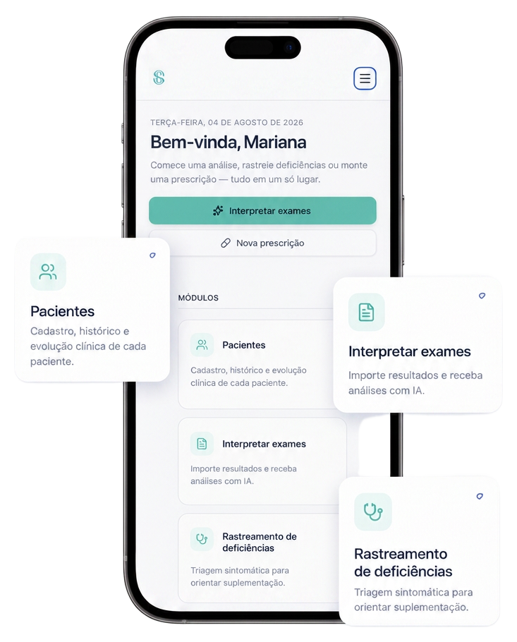 Interface do Salva Conduta no celular com módulos de pacientes, interpretação de exames e rastreamento de deficiências